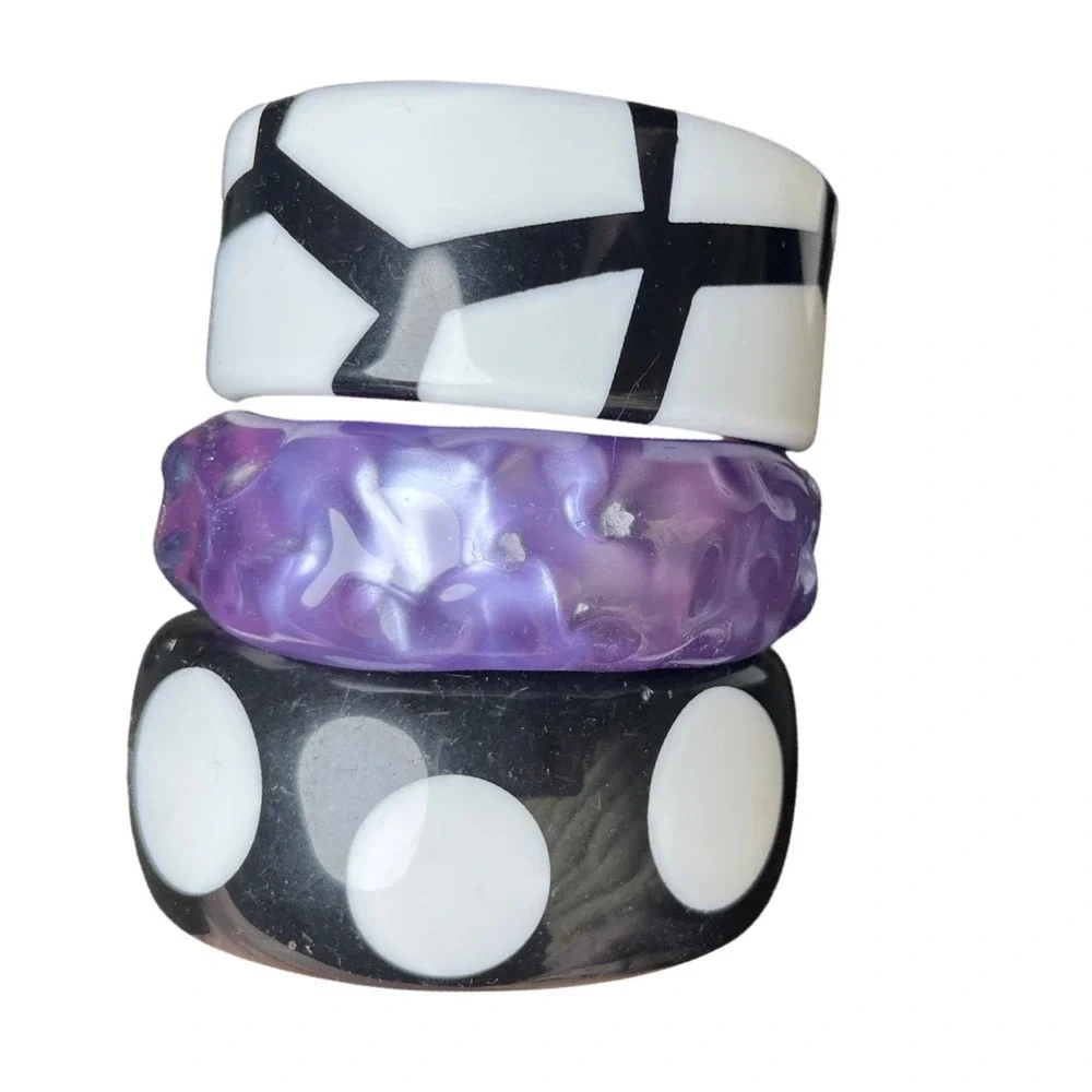 Retro Mod‎ Stackable Resin Bangle Set Polka Dot Geometric Purple Unbranded OS